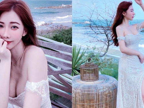 「氣質長髮正妹」宜蘭海邊爆乳看海！高衩禮服「小露美腿」，風吹來都是香的～