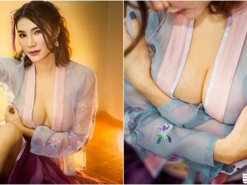 漢服這樣穿也好辣！「異國奶妹」身披薄紗儒裙壓出深溝，「兩團雪白」忽隱忽現！
