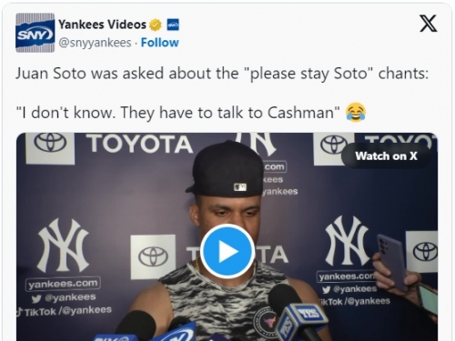 MLB》高喊「索托拜託留下」！ 他回應洋基球迷：去跟凱許曼講啊