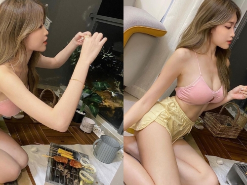 「大奶翹臀正妹」自家陽台烤肉，爆乳背心小熱褲讓人光看就口水狂流！