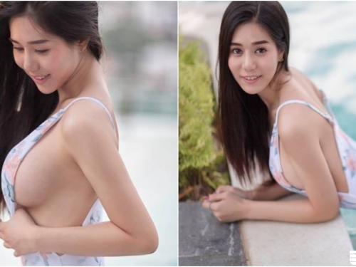 普通人撐不住！「長髮大奶妹」泳衣側開好火辣！「飽滿側乳」整個擠出！