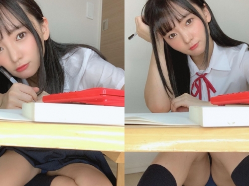 「合法蘿莉」在家寫作業自拍，藍色小褲褲裙底露出，讓人想幫她深入課後輔導！