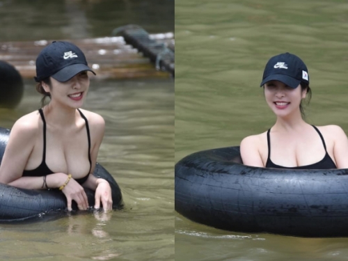 泳圈被壓扁！溪邊戲水見巨乳妹胸前「滿出來」　真實身分引網友好奇
