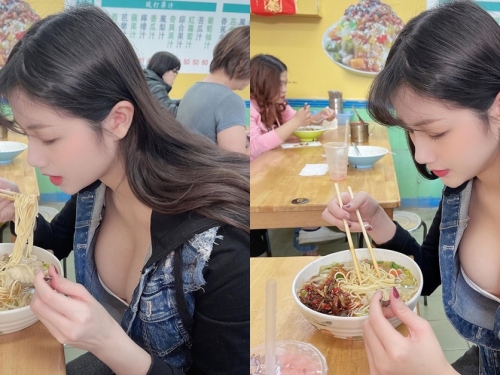 小吃店驚見正妹「魏凱芃」低頭吃麵，「飽滿視角」讓人沒心情吃飯啦！