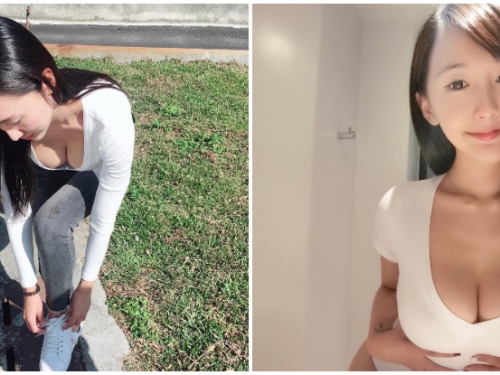 低頭綁鞋帶差點春光外洩！「巨乳正妹」32F超狂份量讓經過路人都看傻了眼！