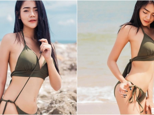 波濤洶湧！無人海邊的美景，「清新比基尼妹」偷解綁帶好調皮