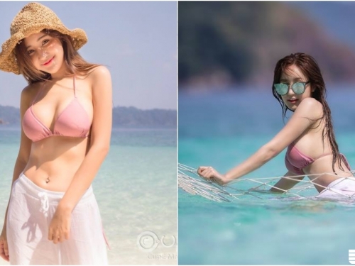 度假天堂！「白嫩巨乳妹」粉紅比基尼出沒！陽光沙灘配美女果然好辣～