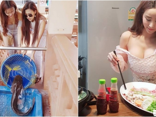 太美味！「爆乳妹子」碼頭親自捉魚回家料理！「低頭視角」渾圓大奶從領口爆出來！