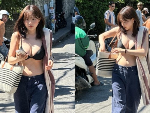 出國就要大解放！甜美萌妹一到國外就只穿內衣爆乳趴趴走