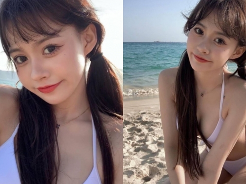 大眼甜心正妹「沙灘秀比基尼」！雪白肌膚＋渾圓美乳讓人好心動！