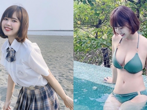 超可愛「學生制服正妹」隱乳好身材！比基尼玩水「秀白嫩巨乳」太驚人！
