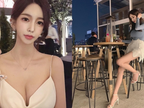 九頭身！酒吧前發現「喝香檳的超辣美人」，低胸禮服「美乳太誘惑」！