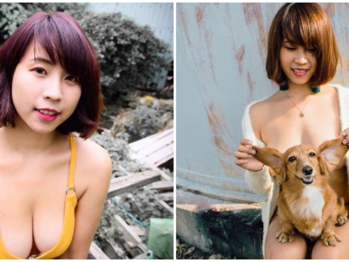 連狗都微笑的最惹火曲線！「爆乳正妹」深邃事業線配上迷人甜笑，連動物都招架不住！