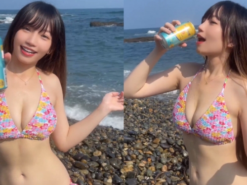 來接酒！超甜正妹「咪喔Mio」跑跳東京海岸，「酒倒美乳」淋濕比基尼！
