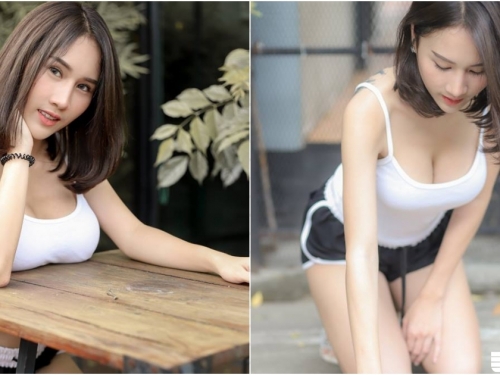 「奶太重了」桌子借放一下！「短髮正妹」背心爆乳好清涼！乳量太滿呼之欲出！