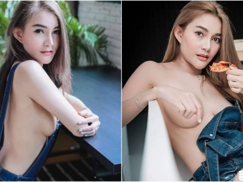 吊帶褲新穿法！「白皙奶妹」上空吃披薩！單手擋奶整片雪白畫面露出來！