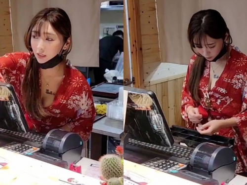日式餐飲正妹老闆娘「糖糖」，爆乳和風浴衣站櫃檯收銀！
