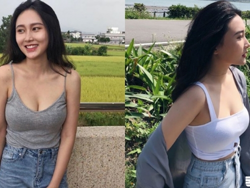 氣質正妹「低胸背心」不得了，完美胸型「圓圓滿滿」要從上衣蹦出來啦！