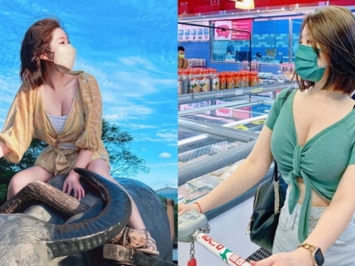「口罩正妹」騎水牛、逛賣場狂吸回頭率！真面目曝光是 JKF 女郎的她