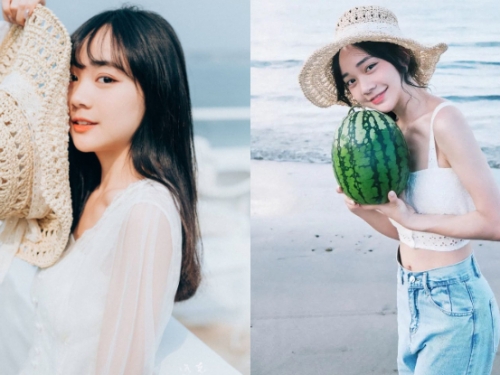 「天菜少女」海邊溜西瓜，「氣質笑顏」甜暈整條海岸線！