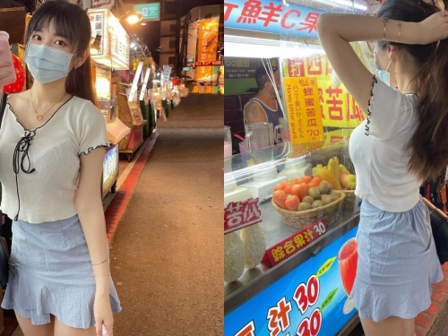 「馬尾短裙正妹」逛夜市買果汁，光背影美腿就好吸睛，正面果然沒失望！