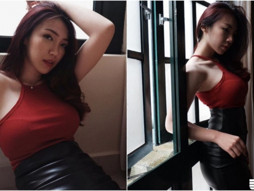 火辣辣「紅色巨奶背心」太強大！「性感姊姊」黑色窄裙超誘惑！美乳形狀快溢出來！
