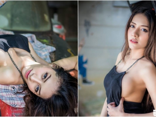 老車新用！「背心巨乳妹」躺引擎蓋打滾！「白嫩車頭燈」直接換新零件啦！