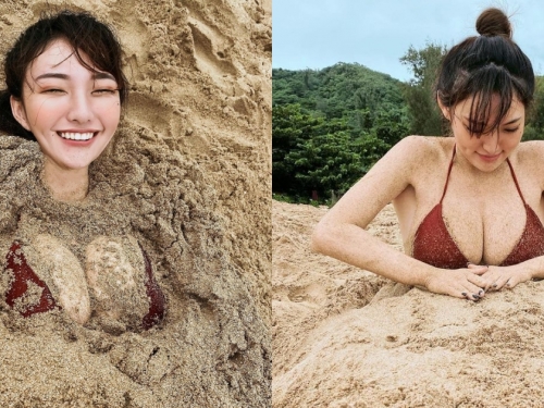 墾丁海邊出現正妹自埋「巨乳炸彈」！超雪白肉球裹滿沙，網友驚呼：好想吃花生麻糬！