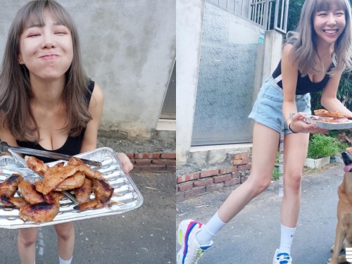 超萌正妹「爆乳端烤肉」，胸前「事業線超深」眼睛都不知道該看哪裡了！