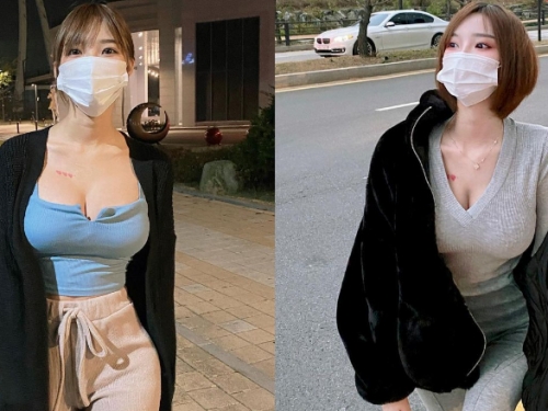 臉可以遮但奶不行！「雪乳正妹」爆奶上街　展現驚人軟實力
