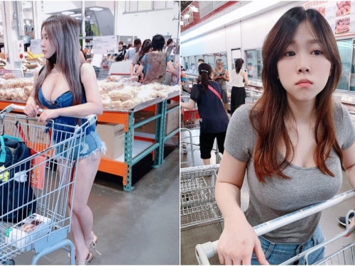 量販店「超胸姐妹花」強大事業心佈滿整張照片！超飽滿份量快要把推車壓壞了...