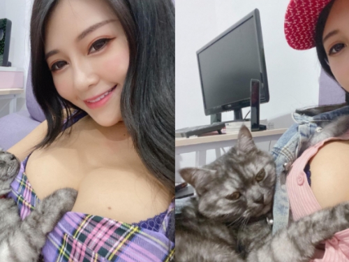 挑釁的眼神！巨乳甜心「安希」的愛貓每天爽躺人肉軟墊！