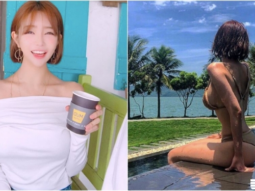 太絕了！「臉小奶大」白嫩泡菜妹出沒！海邊大秀「巨乳細腰」曲線超猛！
