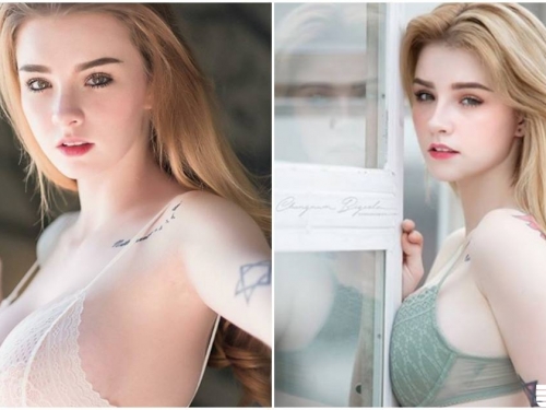 天使臉孔！混血嫩模「晶瑩美肌」白到發亮，誘人車頭燈太挺了！