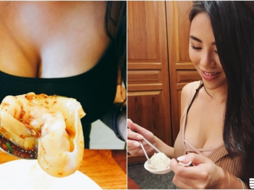大籠包吃小籠包！「美豔大奶妹」低頭進食太撩人！目光都定焦「兩顆包子」了！