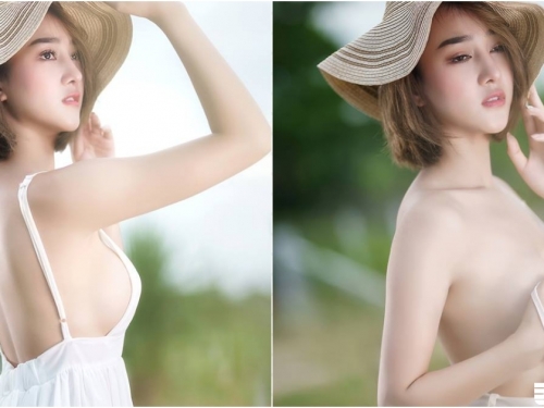 山裡偷脫！清新奶妹「肩帶滑落」裡面沒穿！「渾圓白乳」直接出來透氣啦！