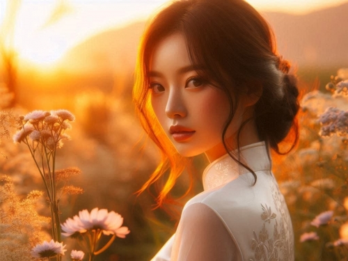 Girl in a cheongsam at sunset