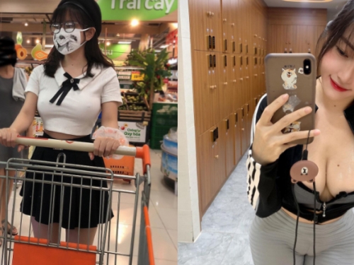 白皙巨乳妹超市激凸購物還自摸　超緊身褲子逼出「邪惡線條」