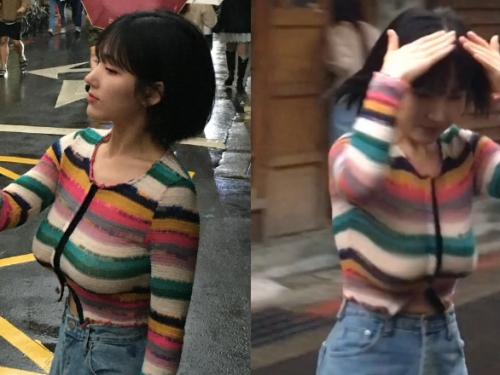 韓國超萌短髮妹挺巨乳來台旅遊　衣服條紋都被撐到變形