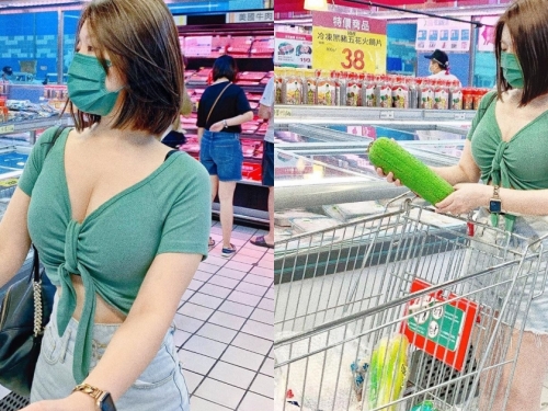 台北大賣場出現「短髮巨乳正妹」推車購物！超兇深V上衣小短褲露「雪白美肌」！