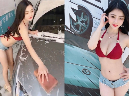 辣妹洗車94厲害！「比基尼美乳正妹」幫車洗泡泡浴，白皙窈窕好性感！