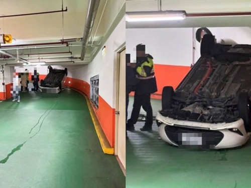 地下停車場開到「翻肚」 租賃車躺坡道驚呆網：真不簡單
