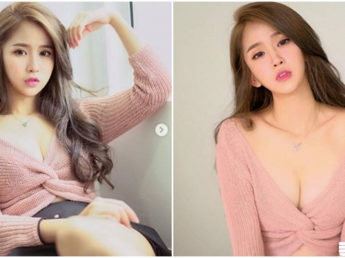 小臉美女散發「性感女人味」，粉紅毛衣下有「超深V美乳」！