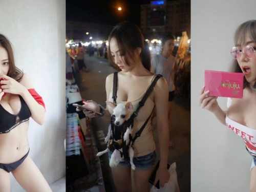 用奶遛狗！「豪乳正妹」胸前放著吉娃娃逛夜市！終於被網友神到了！