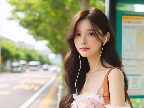 在鄉間的小公車站亭等公車的妹子