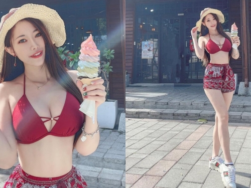 光看就熱起來！「美乳正妹」Micky吳芸帆穿比基尼吃冰淇淋，飽滿畫面超養眼！
