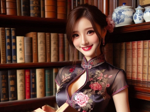 Woman in a cheongsam in an antique library