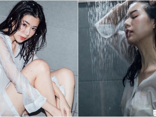 浴室裡的誘惑美景！「氣質奶妹」渾身濕透！白襯衫貼身「若隱若現」畫面好撩人！
