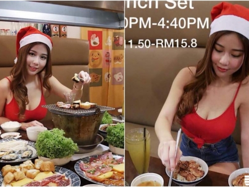 聖誕預熱～「長髮正妹」低胸背心大啖烤肉，坐在對面好難專心吃飯啊