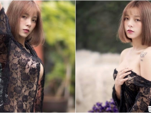 屋外上空「蕾絲透奶妹」！性感白皙「渾圓曲線」大肆展現！